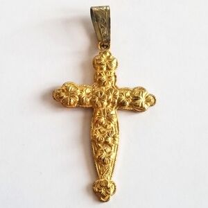 Vintage cross pendant with flowers gold tone crucifix religious jewelry